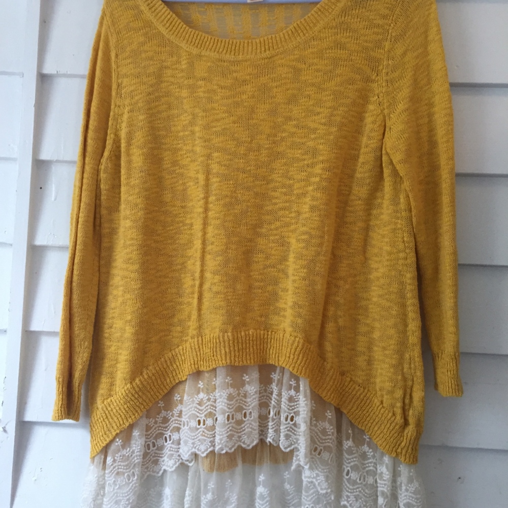 mustard yellow sweater with lace detail